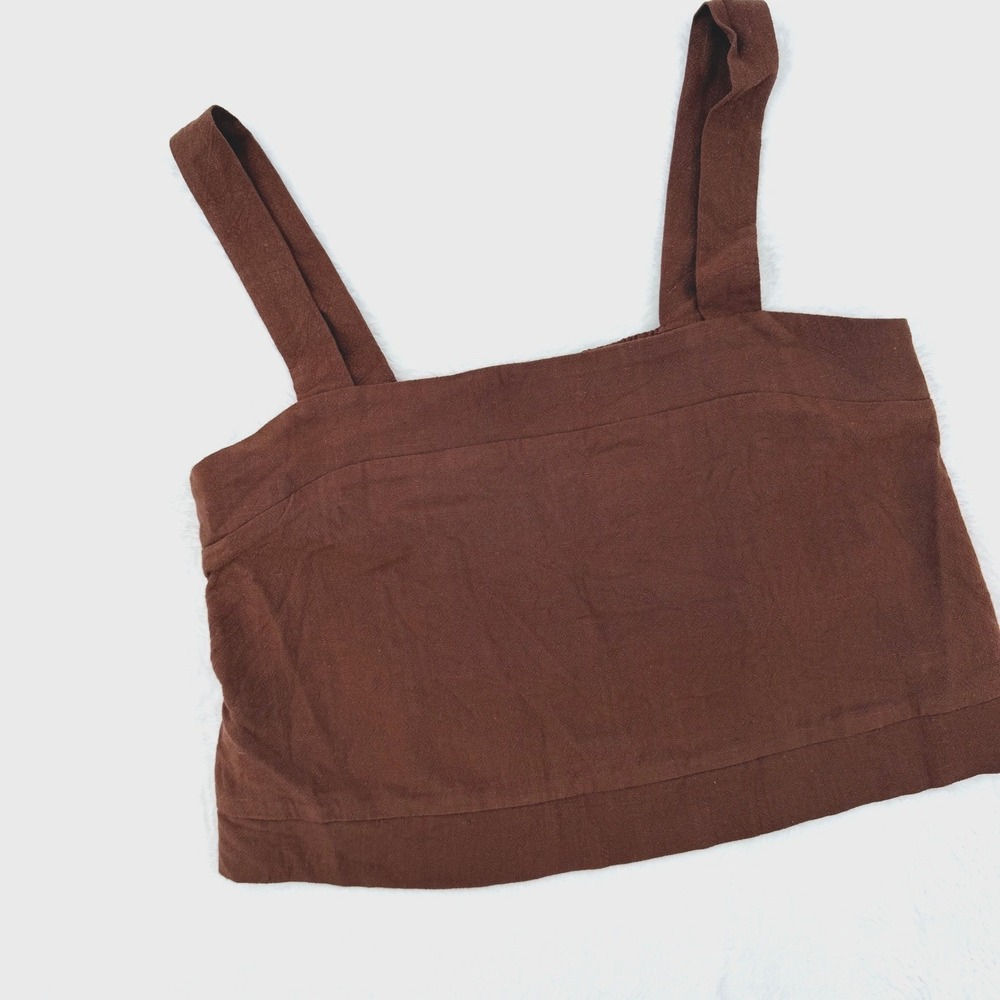 Monteau Los Angeles Brown Linen Blend Square Neck Crop Tank Top Large